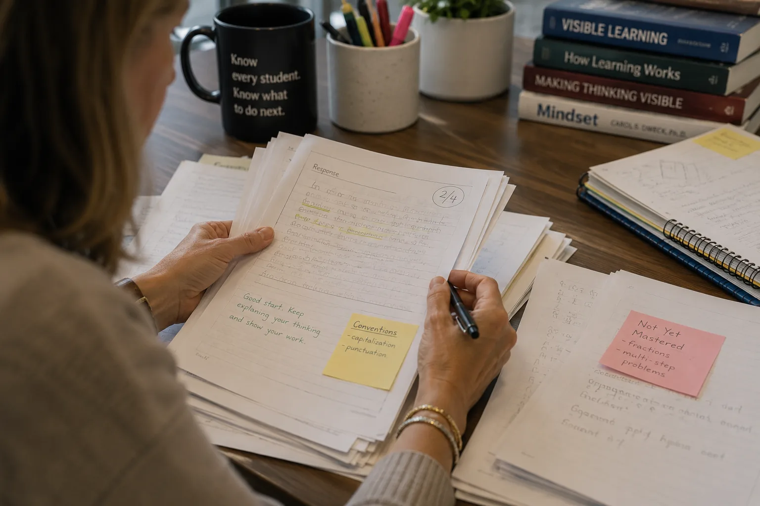 Over-the-shoulder view of a teacher grading a student's handwritten response