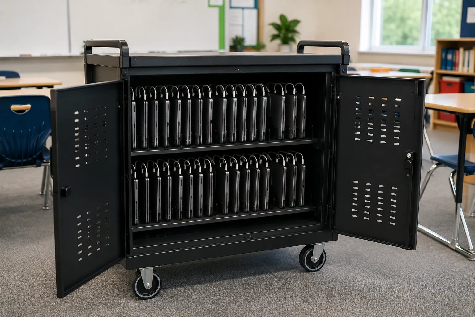 A classroom cart of Chromebooks ready for student assessments