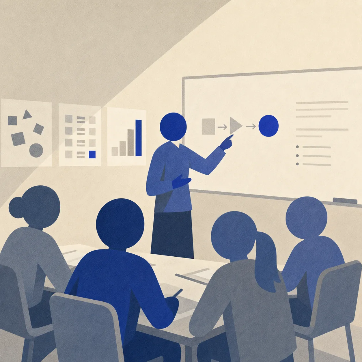 An educator presents at a whiteboard to a group of teachers, symbolizing instructional practice