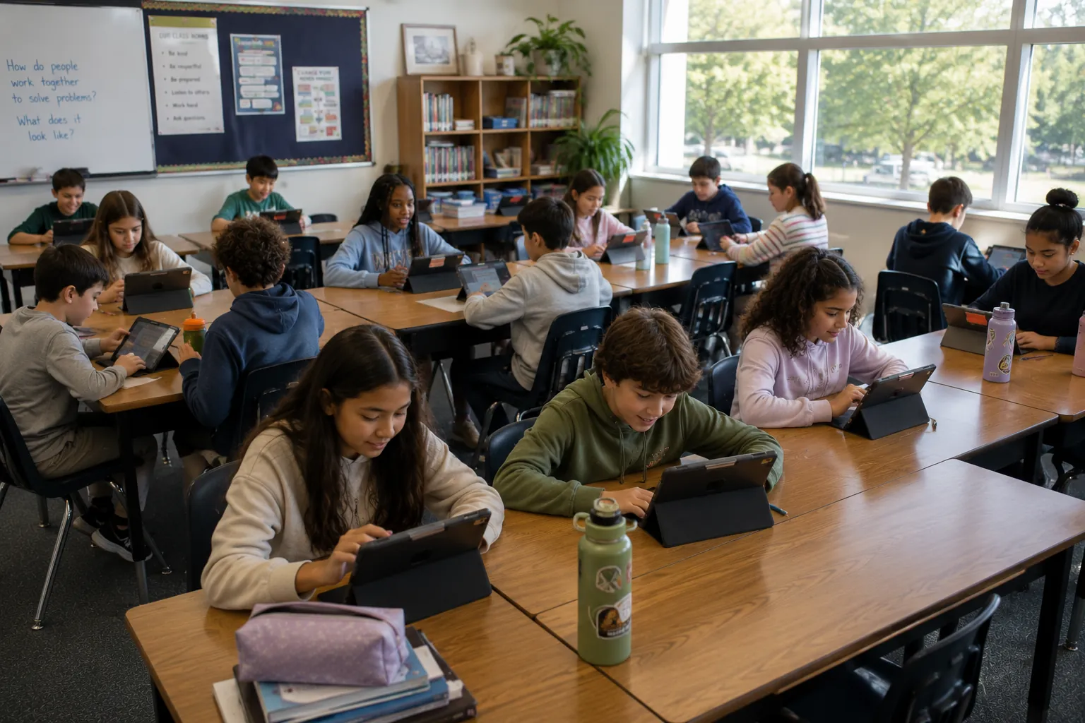 Students in a classroom working independently on tablets during a lesson