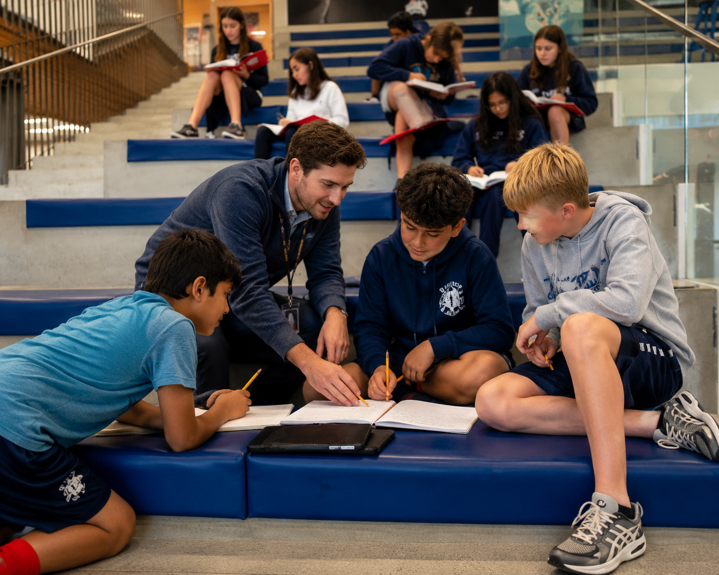 A teacher kneeling with three students in a learning commons, working together in notebooks