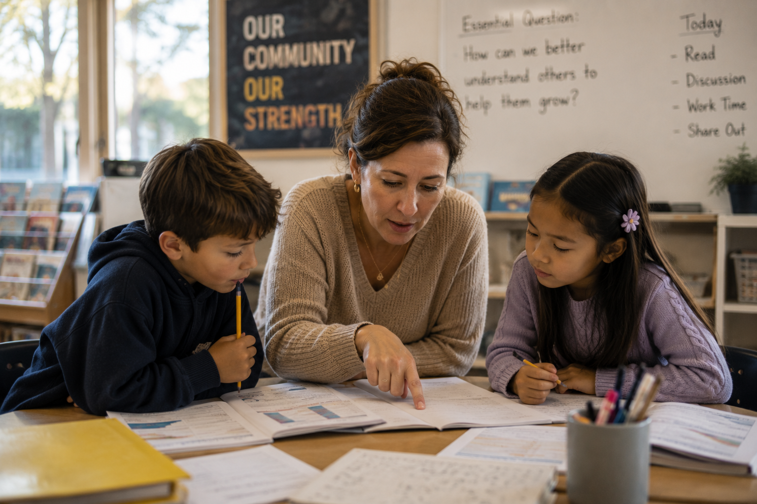 A teacher leaning in to guide two students working together at a classroom desk