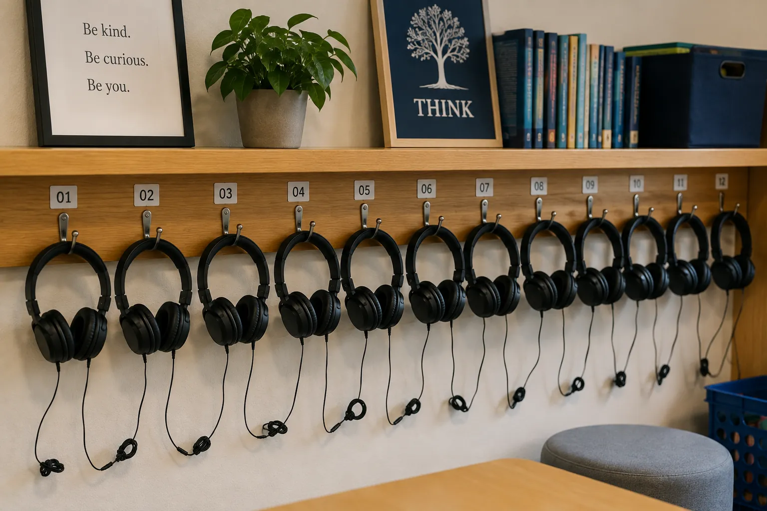 Numbered headphones hanging in a classroom, ready for student assessments