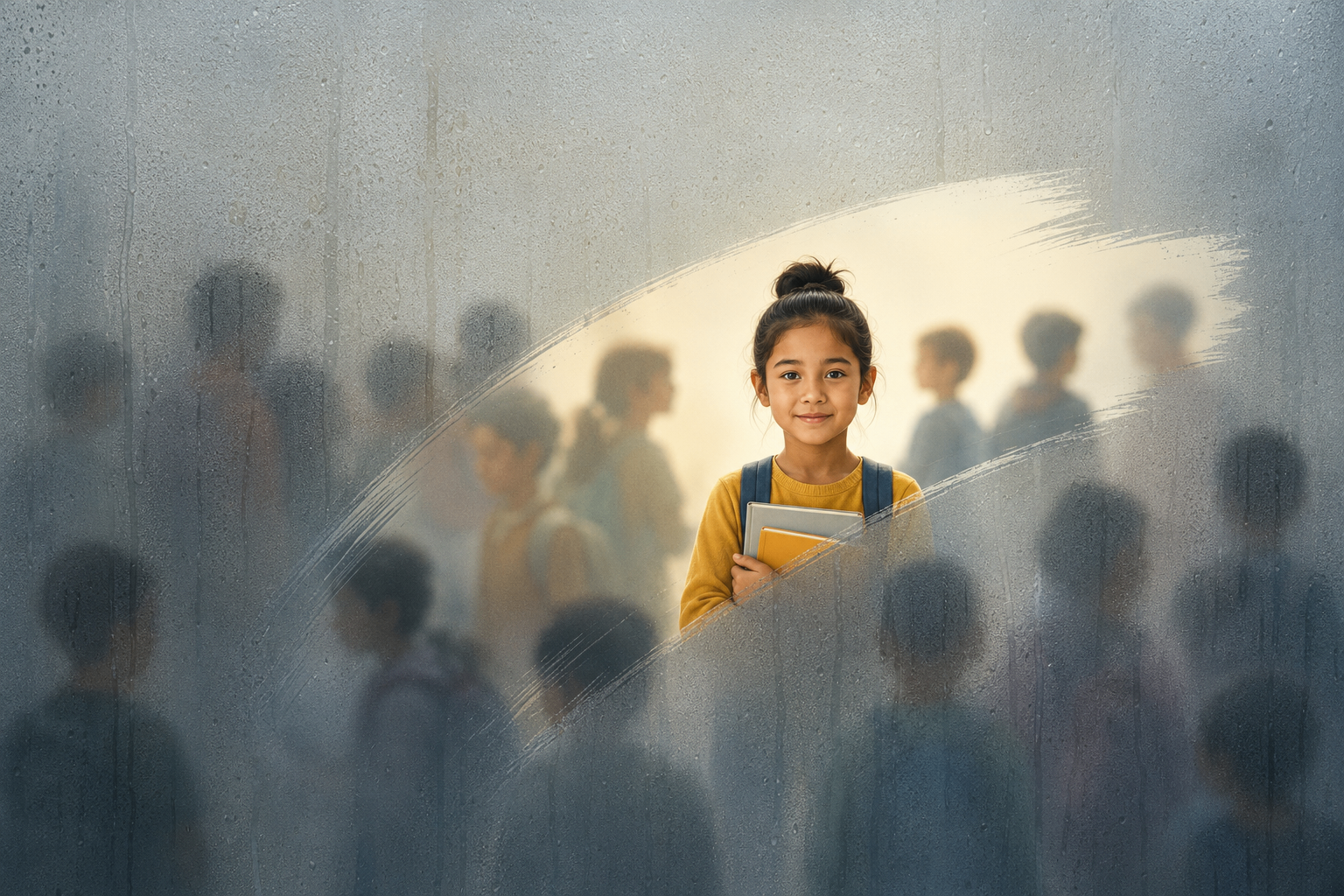 A student becomes visible through a cleared circle in fogged glass