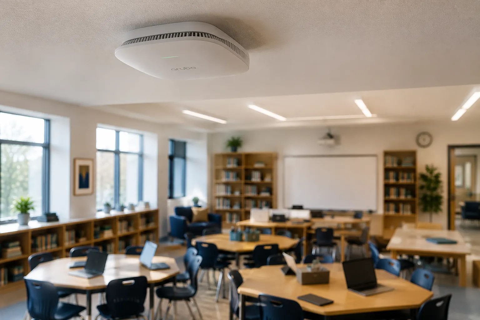 A wireless access point mounted on the ceiling of a bright classroom with laptops on tables below