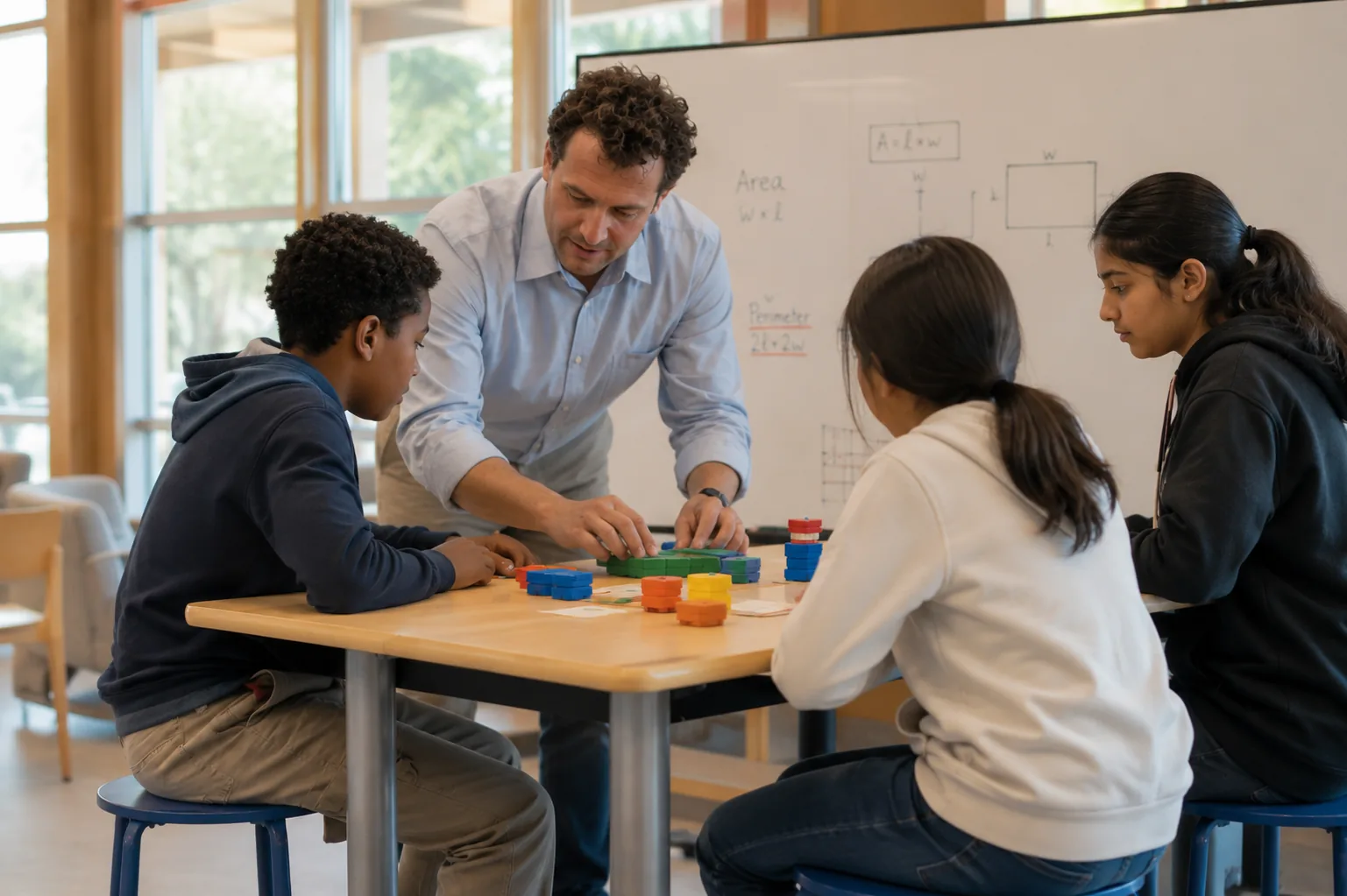 Teacher guiding three middle school students working with colored blocks on a table