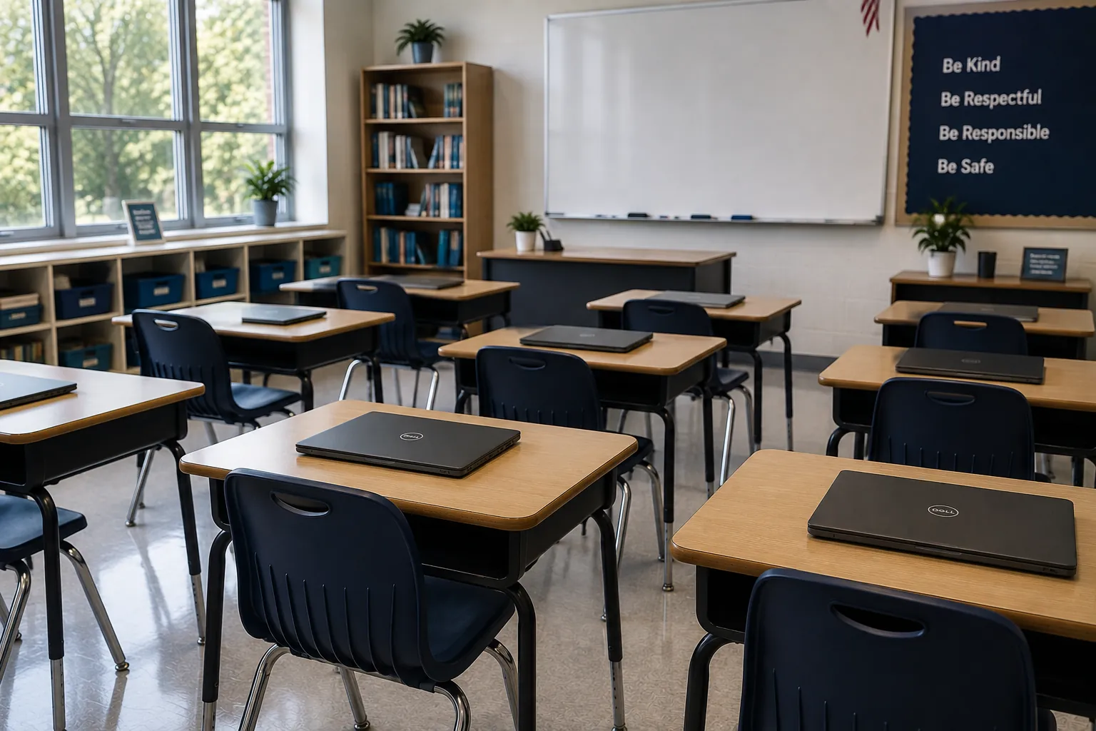 Laptops open on desks in a classroom, ready for students to begin an assessment