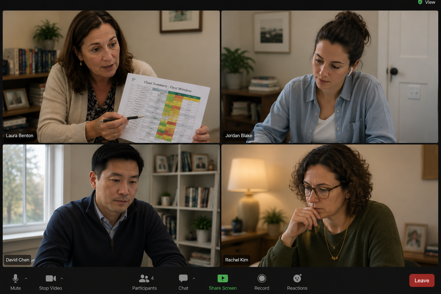 Four educators on a video call reviewing a Class Summary data sheet together