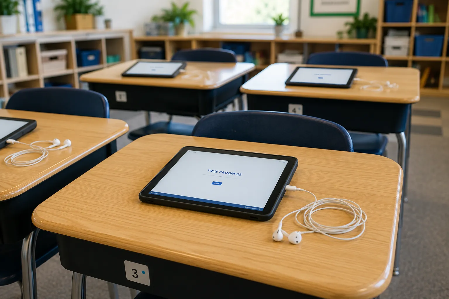 iPads on student desks with headphones, ready for a True Progress assessment