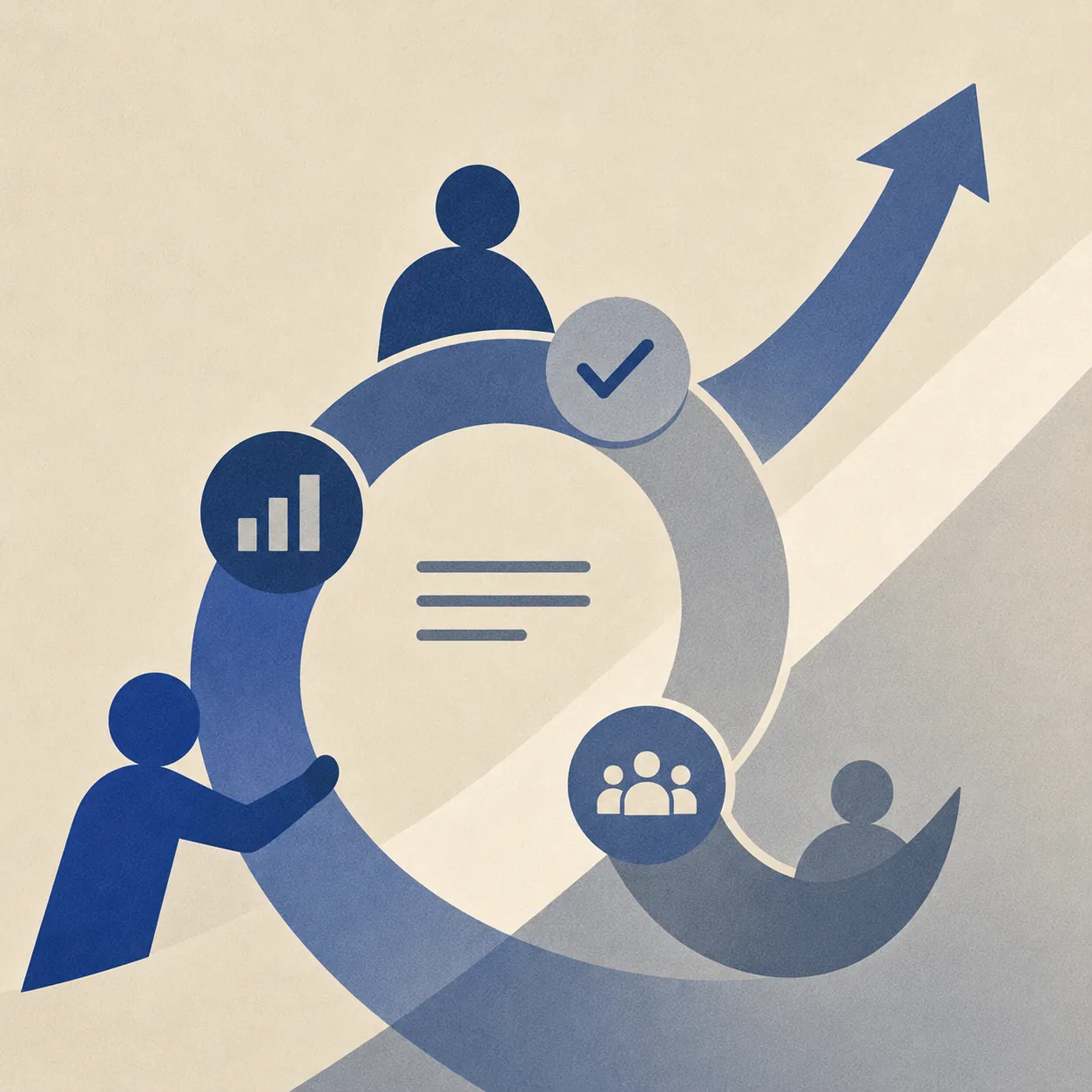 A collaborative cycle of people, data, and teams moving upward around a shared workflow