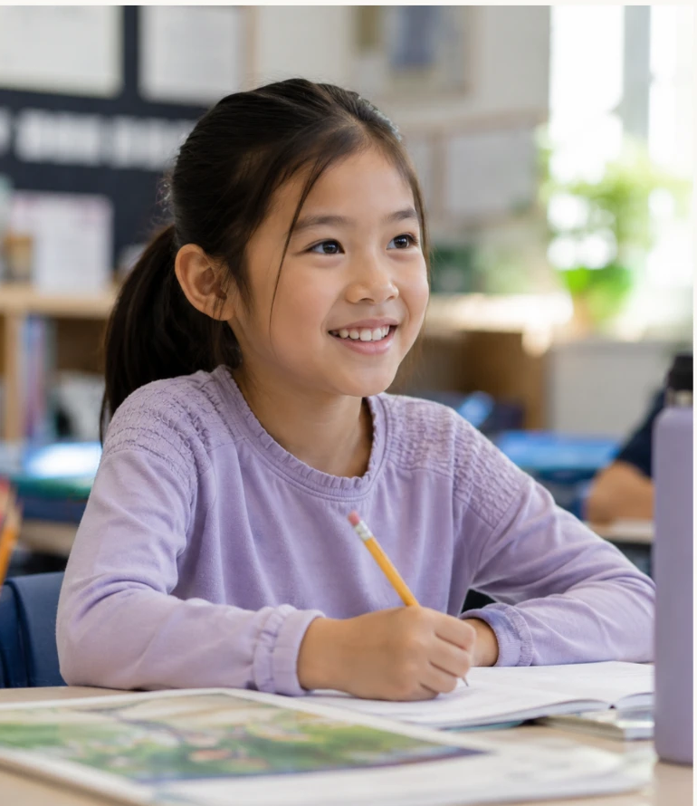 A student writing at her desk in a warmly lit classroom.