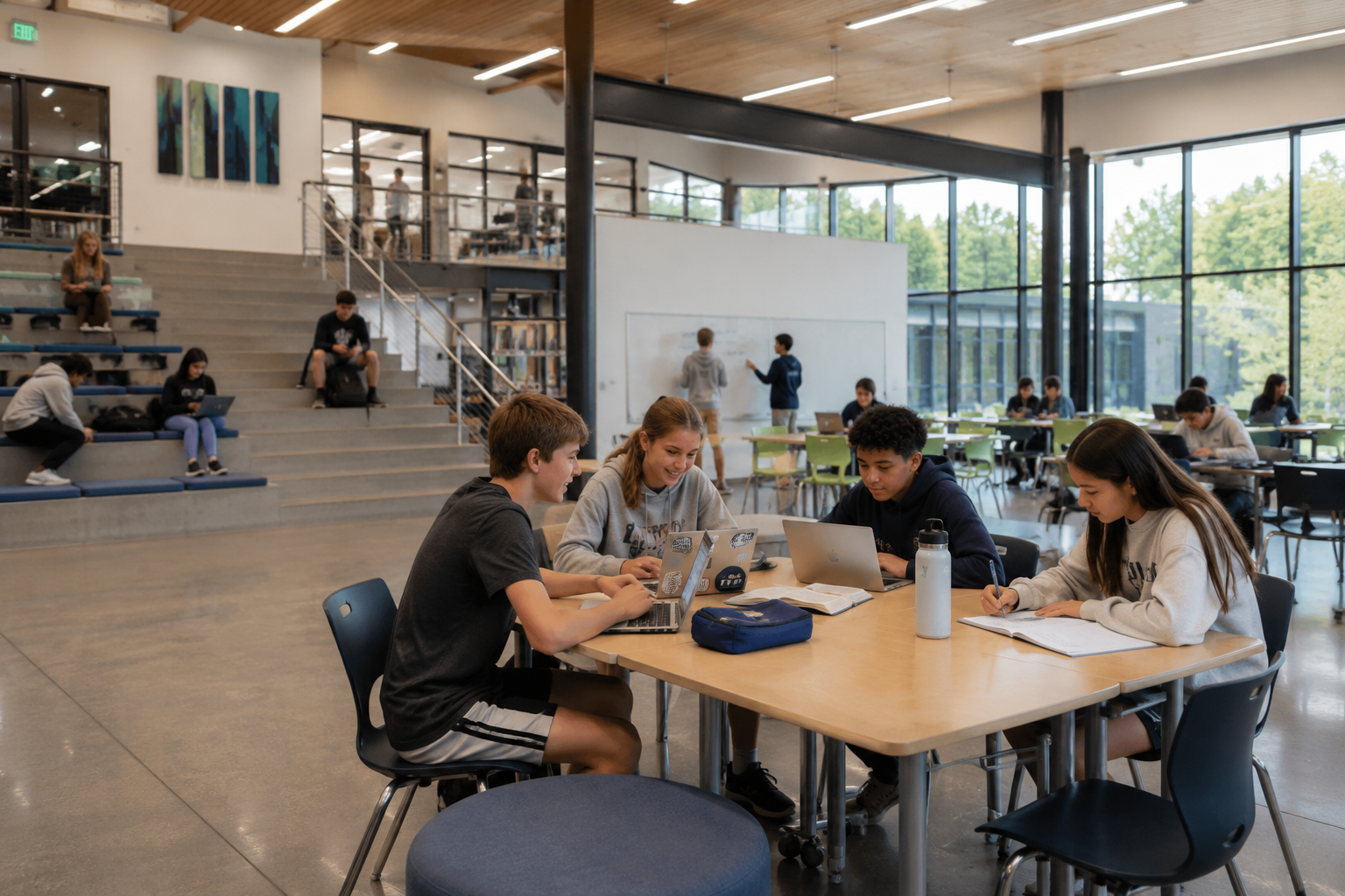Students collaborating in a bright, modern learning commons with laptops and notebooks