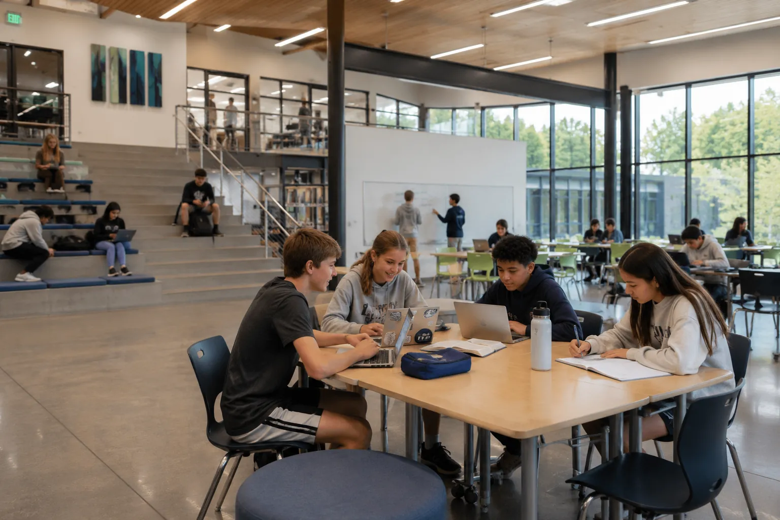 Students gathered in a bright school common area, working and talking together